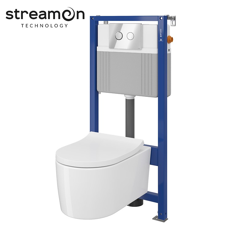 Set B231 Aqua 52 PNEU S QF, Wandcloset INVERTO StreamOn, Slim Wrap Duroplast Toiletzitting, Bedieningsknop ACCENTO Circle Chroom Glans S701-425