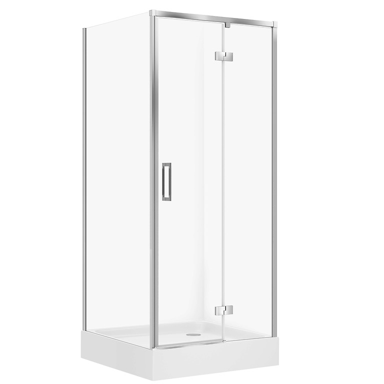 SET D31: DOUCHECABINE VIERKANT LARGA 80×80×195 RECHTS CHROOM TRANSPARANT GLAS + DOUCHEBAK TAKO WIT 16 CM S4026-014