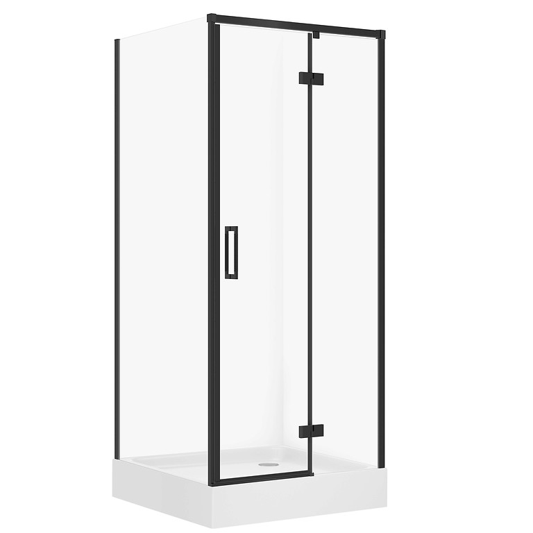 SET D33: DOUCHECABINE VIERKANT LARGA 80×80×195 RECHTS ZWART TRANSPARANT GLAS + DOUCHEBAK TAKO WIT 16 CM S4026-016