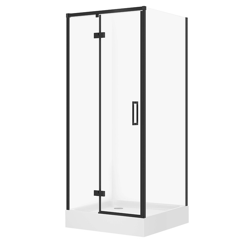 SET D34: DOUCHECABINE VIERKANT LARGA 80×80×195 LINKS ZWART TRANSPARANT GLAS + DOUCHEBAK TAKO WIT 16 CM S4026-017