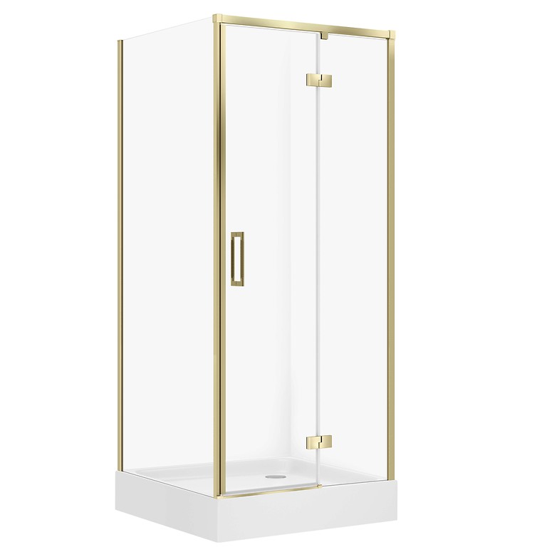 SET D35: DOUCHECABINE VIERKANT LARGA 80×80×195 RECHTS MATGOUDE TRANSPARANT GLAS + DOUCHEBAK TAKO WIT 16 CM S4026-018