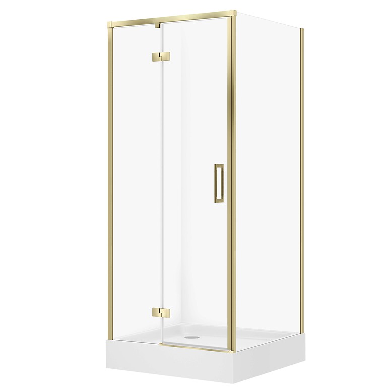 SET D42: DOUCHESCHERM VIERKANT LARGA 90x90x195 LINKS GOUW MAT TRANSPARANT GLAS + DOUCHEBAK TAKO WIT 16 CM S4026-025