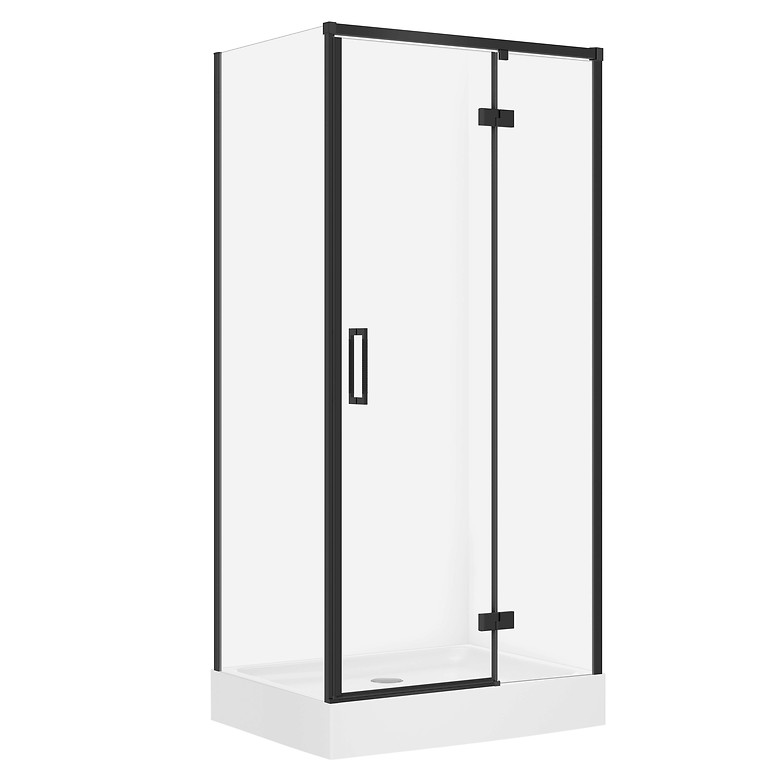 SET D45: Rechthoekige Douchecabine LARGA 100x80X195 Rechts Zwart Transparant Glas + Douchebak TAKO Wit 16 cm S4026-028