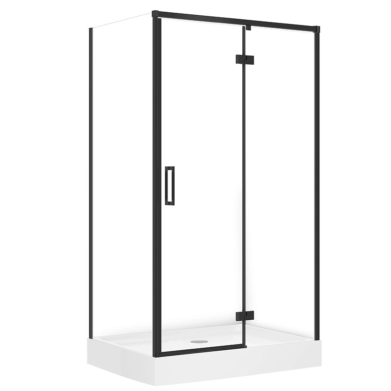 SET D51: RECHTHOEKIGE DOUCHECABINE LARGA 120×90×195 RECHTS ZWART TRANSPARANT GLAS + DOUCHEBAK TAKO WIT 16 CM S4026-034