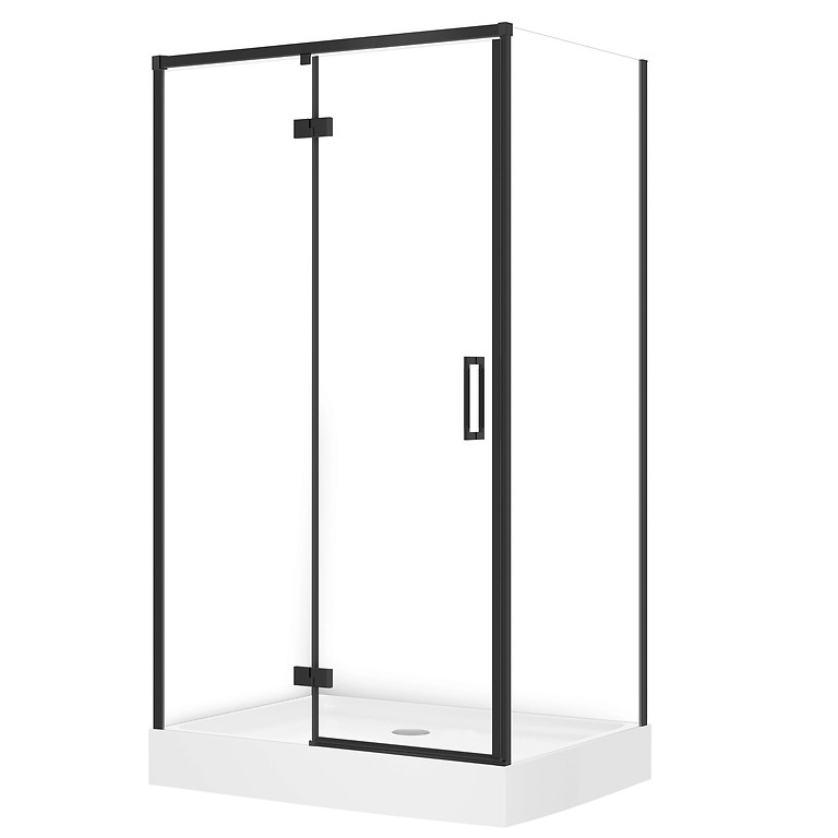 SET D52: RECHTHOEKIGE DOUCHECABINE LARGA 120×90×195 LINKS ZWART TRANSPARANT GLAS + DOUCHEBAK TAKO WIT 16 CM S4026-035