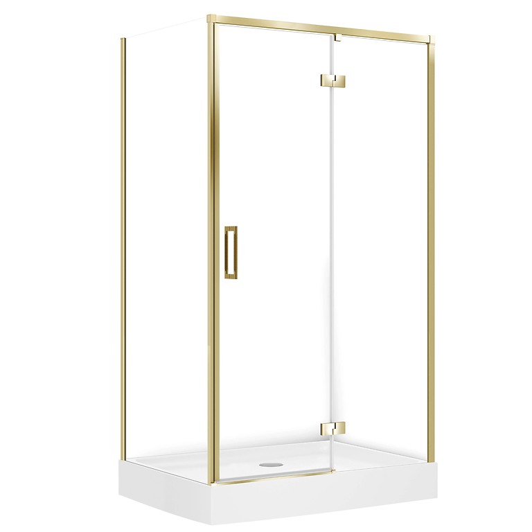 SET D53: DOUCHECABINE RECHTHOEKIG LARGA 120×90×195 RECHTS GOUD MAT TRANSPARANT GLAS + DOUCHEBAK TAKO WIT 16 CM S4026-036