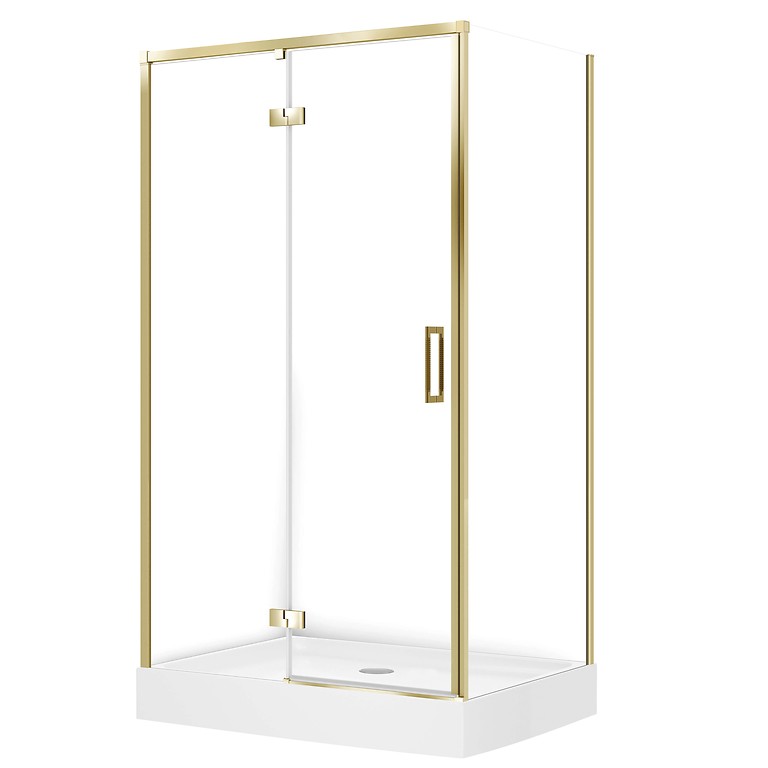 SET D54: DOUCHECABINE RECHTHOEKIG LARGA 120×90×195 LINKS GOUD MAT TRANSPARANT GLAS + DOUCHEBAK TAKO WIT 16 CM S4026-037