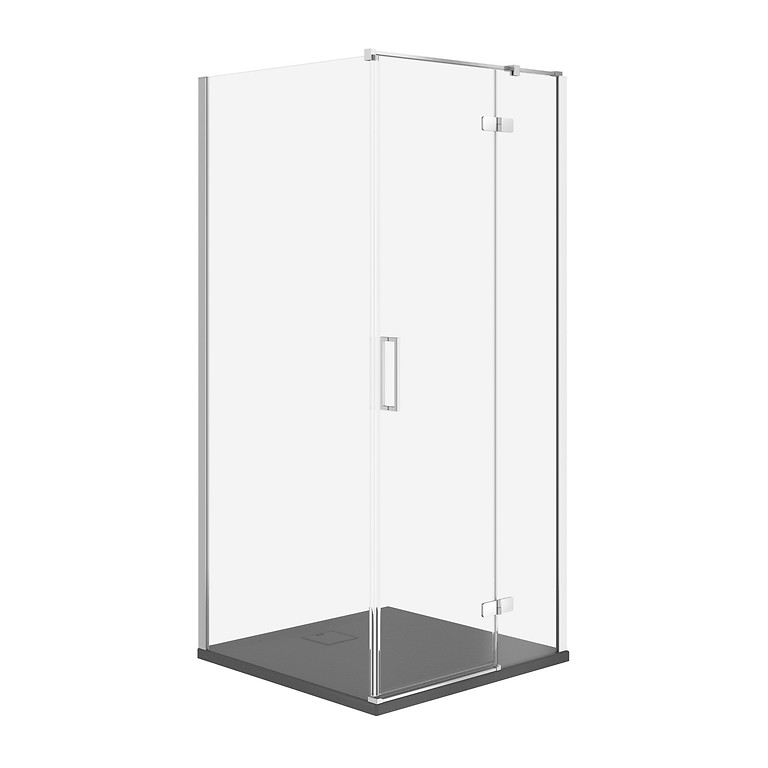 SET B759: VIERKANTE DOUCHECABINE JOTA 90 × 90 × 195 RECHTS CHROOM TRANSPARANT GLAS + TAKO SLIM DOUCHEBAK GRIJS MAT 4 CM S601-146