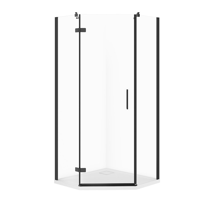 SET B779: DOUCHECABINE VIJFHOEKIG JOTA 90 × 90 × 195 LINKS ZWART TRANSPARANT GLAS + DOUCHEBAK TAKO SLIM WIT 4 CM S601-166