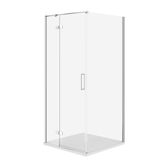 SET B780: DOUCHECABINE VIERKANT JOTA 90 × 90 × 195 LINKS CHROOM TRANSPARANT GLAS + DOUCHEBAK TAKO SLIM WIT 4 CM S601-167