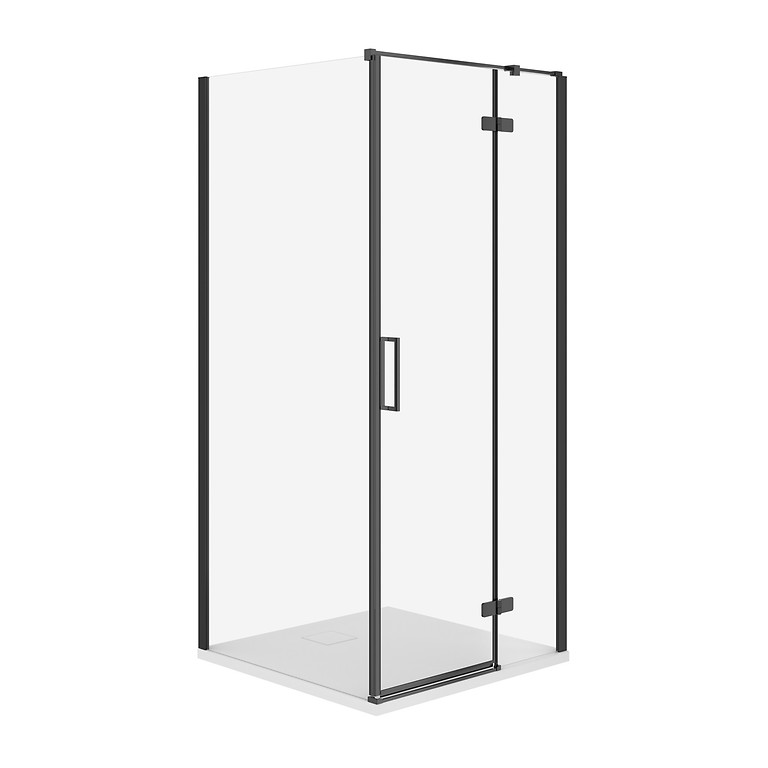 SET B787: SHOWER ENCLOSURE SQUARE JOTA 80×80×195 RIGHT BLACK TRANSPARENT GLASS + TRAY TAKO SLIM WHITE 4 CM S601-174