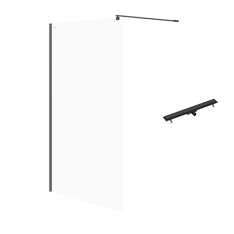 SET C74: Shower enclosure walk-in MILLE 120X200 black transparent glass + linear drain TAKO 90 black S601-240