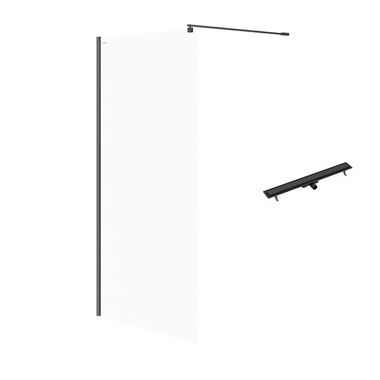 SET C76: Shower enclosure walk-in MILLE 100X200 black transparent glass + linear drain TAKO 90 black S601-241