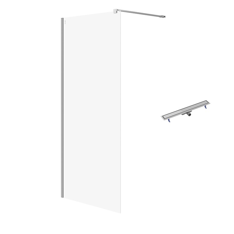 SET C77: WALK-IN DOUCHEWAND MILLE 90×200 CHROOM TRANSPARANT GLAS + LIJNAFVOER TAKO 80 STAAL S601-242