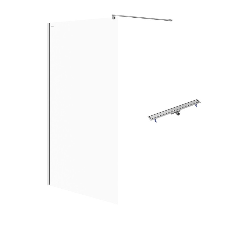 SET C73: WALK-IN DOUCHEWAND MILLE 120×200 CHROOM TRANSPARANT GLAS + LIJNAFVOER TAKO 90 STAAL S601-243