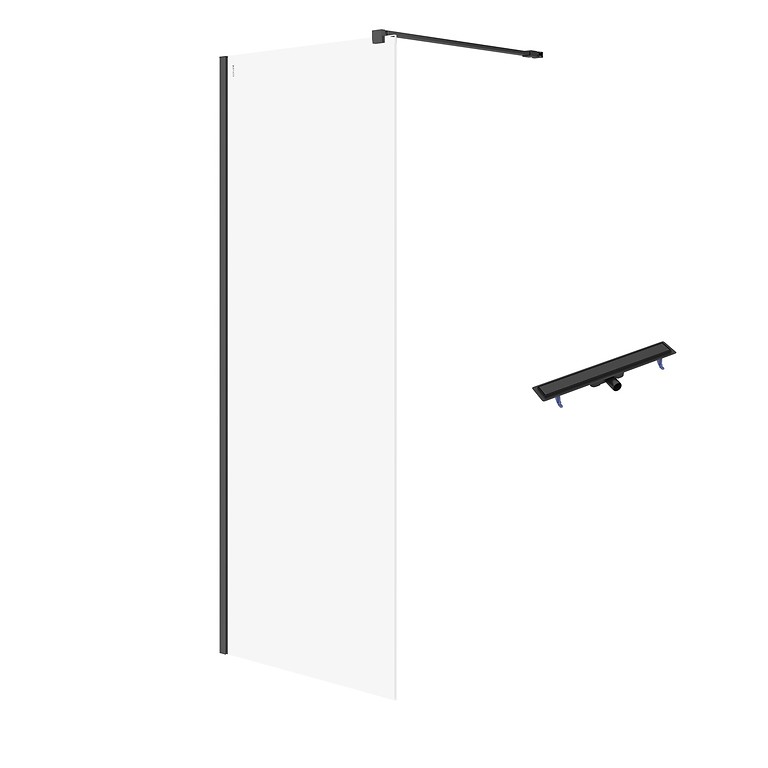 SET C80: Shower enclosure walk-in MILLE 80X200 black transparent glass + linear drain TAKO 70 black S601-244