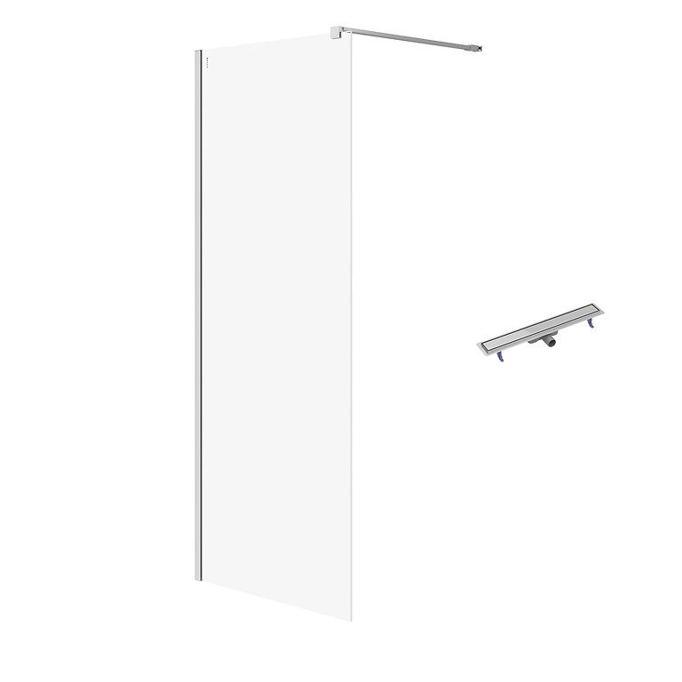 SET C79: Shower enclosure walk-in MILLE 80X200 chrome transparent glass+ linear drain TAKO 70 steel S601-245