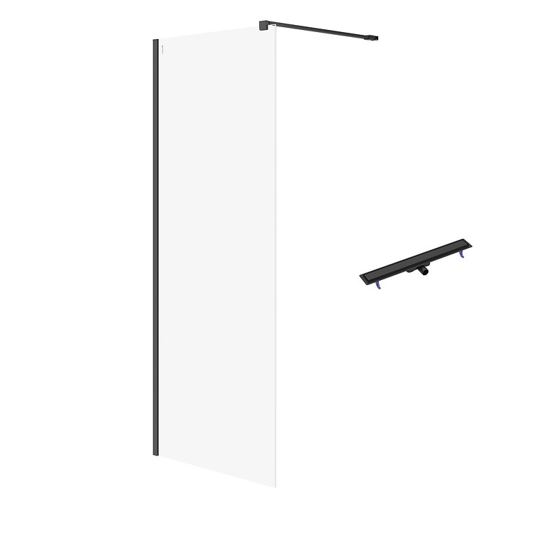 SET C78: Shower enclosure walk-in MILLE 90X200 black transparent glass + linear drain TAKO 80 black S601-249