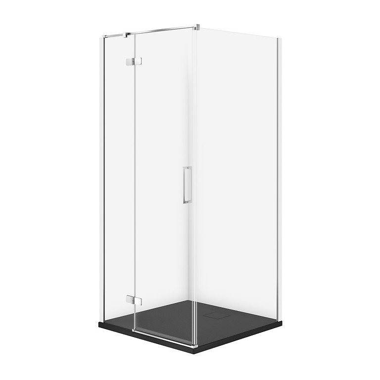 SET C130: DOUCHECABINE VIERKANT JOTA 80×80×195 LINKS CHROOM TRANSPARANT GLAS + DOUCHEBAK TAKO SLIM ZWART MAT 4 CM S601-331