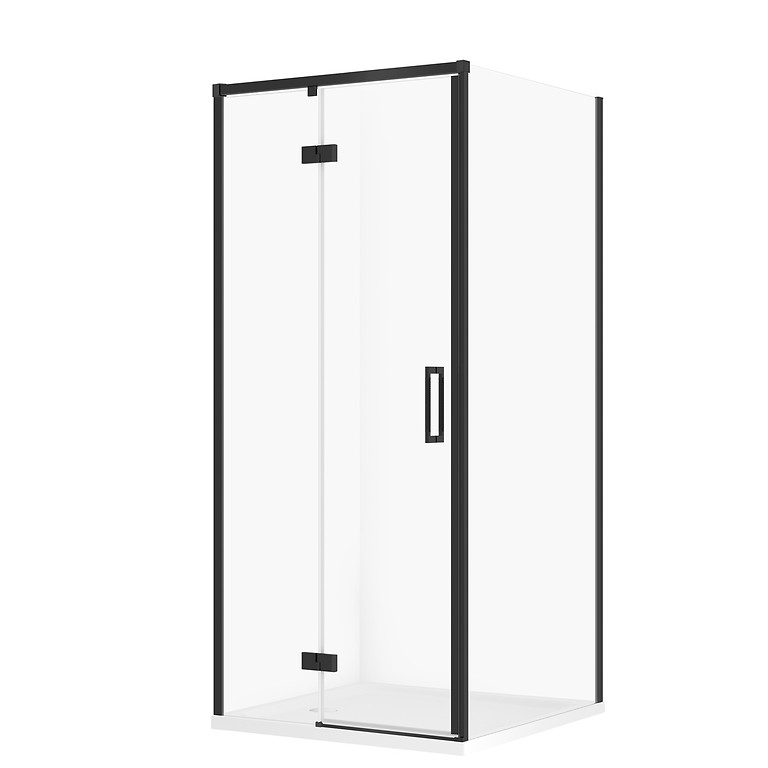 SET C176: SHOWER ENCLOSURE SQUARE LARGA 90 × 90 × 195 LEFT BLACK TRANSPARENT GLASS + TRAY TAKO WHITE 4 CM S601-343