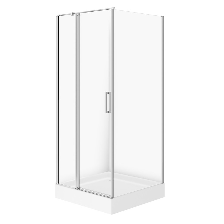 SET C173: SHOWER ENCLOSURE SQUARE MODUO 80 × 80 × 195 LEFT CHROME TRANSPARENT GLASS + TRAY TAKO WHITE 16 CM S601-352