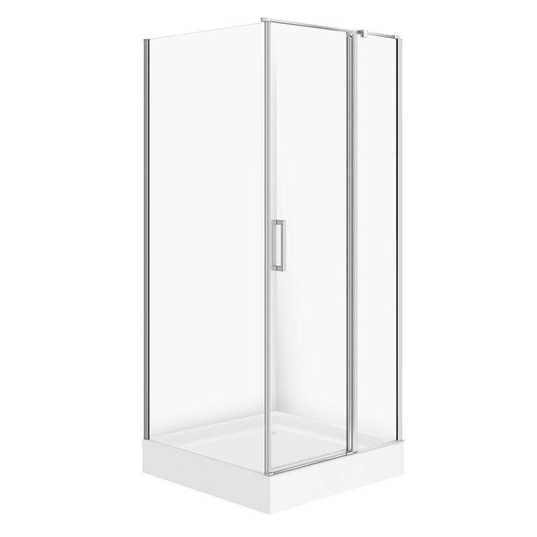 SET C174: SHOWER ENCLOSURE SQUARE MODUO 90 × 90 × 195 RIGHT CHROME TRANSPARENT GLASS + TRAY TAKO WHITE 16 CM S601-353