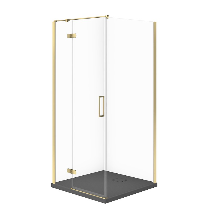 SET C293: SHOWER ENCLOSURE SQUARE JOTA 80 × 80 × 195 cm LEFT GOLD TRANSPARENT GLASS + SHOWER TRAY TAKO SLIM GREY MATT S601-371