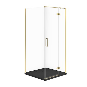 SET C294: SHOWER ENCLOSURE SQUARE JOTA 80 × 80 × 195 cm RIGHT GOLD TRANSPARENT GLASS + SHOWER TRAY TAKO SLIM BLACK MATT S601-372