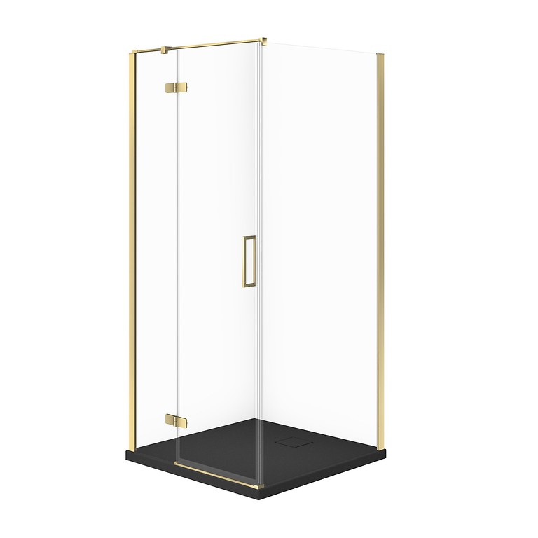 SET C295: SHOWER ENCLOSURE SQUARE JOTA 80 × 80 × 195 cm LEFT GOLD TRANSPARENT GLASS + SHOWER TRAY TAKO SLIM BLACK MATT S601-373
