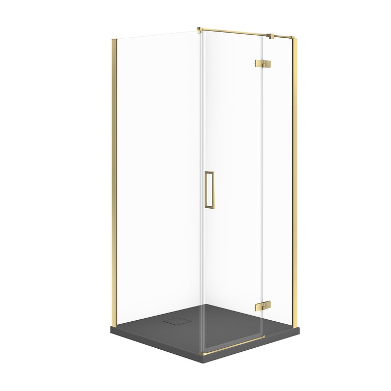 SET C302: SHOWER ENCLOSURE SQUARE JOTA 90 × 90 × 195 cm RIGHT GOLD TRANSPARENT GLASS + SHOWER TRAY TAKO SLIM GREY MATT S601-380