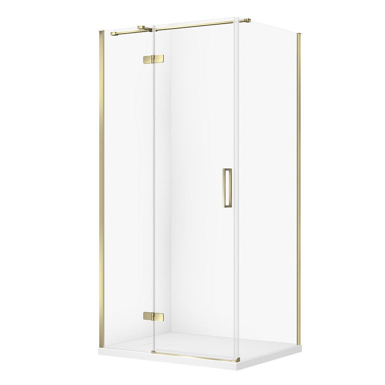 SET C319: DOUCHECABINE RECHTHOEKIG JOTA 100 × 80 × 195 CM LINKS GOUD TRANSPARANT GLAS + DOUCHEBAK TAKO SLIM WIT MAT S601-385