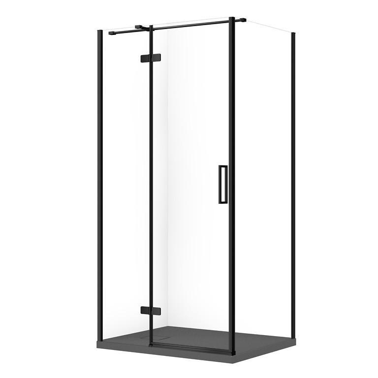 SET C369: RECHTHOEKIGE DOUCHECABINE JOTA 100x80x195 LINKS ZWART TRANSPARANT GLAS + DOUCHEBAK TAKO SLIM GRIJS MAT S601-395