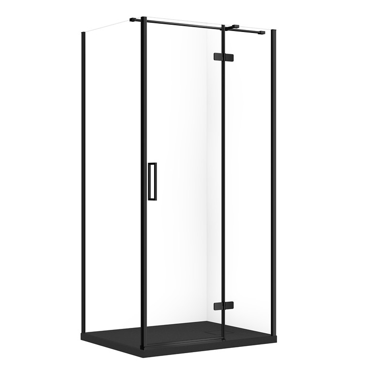 SET C370: RECHTHOEKIGE DOUCHECABINE JOTA 100x80x195 RECHTS ZWART TRANSPARANT GLAS + DOUCHEBAK TAKO SLIM ZWART MAT S601-396