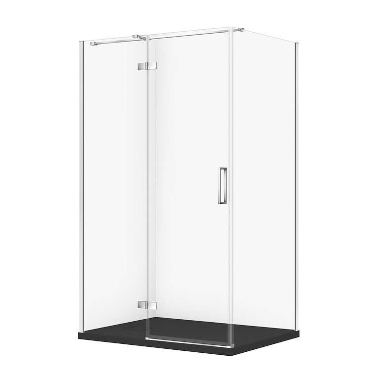 SET C355: RECHTHOEKIGE DOUCHECABINE JOTA 120×90×195 LINKS CHROOM TRANSPARANT GLAS + DOUCHEBAK TAKO SLIM ZWART MAT S601-421