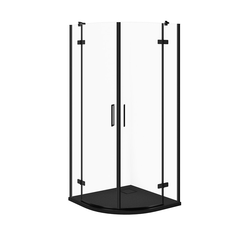 SET C359: HALFRONDE DOUCHECABINE JOTA 80×80×195 ZWART TRANSPARANT GLAS + DOUCHEBAK TAKO SLIM ZWART MAT S601-441