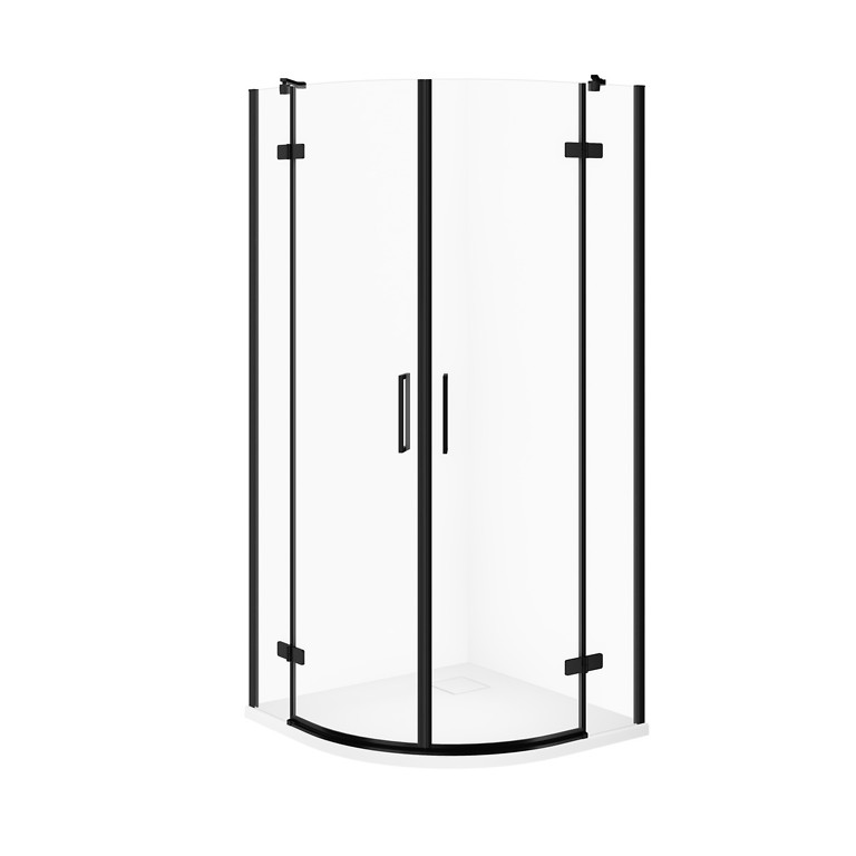 SET C360: HALFRONDE DOUCHECABINE JOTA 90×90×195 ZWART TRANSPARANT GLAS + DOUCHEBAK TAKO SLIM WIT S601-450