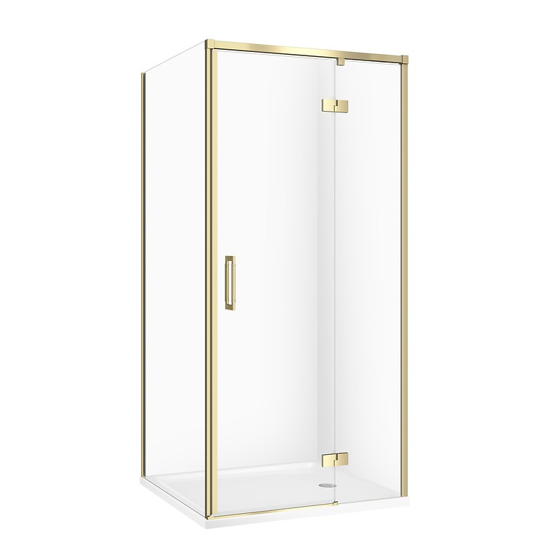 SET C266: SHOWER ENCLOSURE SQUARE LARGA 80 × 80 × 195 RIGHT GOLD MATT TRANSPARENT GLASS + SHOWER TRAY TAKO WHITE 4 CM S601-454