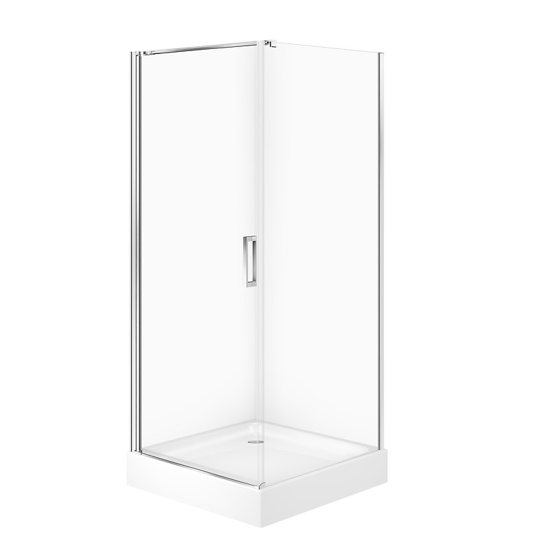 SET C388: VIERKANTE DOUCHECABINE MODUO 90×90×195 1 VOLLEDIGE DEUR CHROOM TRANSPARANT GLAS + DOUCHEBAK TAKO WIT 16 CM S601-485