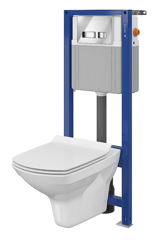 SET 878 AQUA 22 MECH, Wall Hung Bowl CARINA CleanOn, Slim Duroplast Toilet Seat, Button MOVI Chrome Gloss S701-201