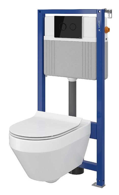 Set B22 Aqua 52 PNEU S QF, Wandcloset CREA Ovaal CleanOn, Slim Duroplast Toiletzitting, Bedieningsknop ACCENTO Circle Zwart Glas S701-314