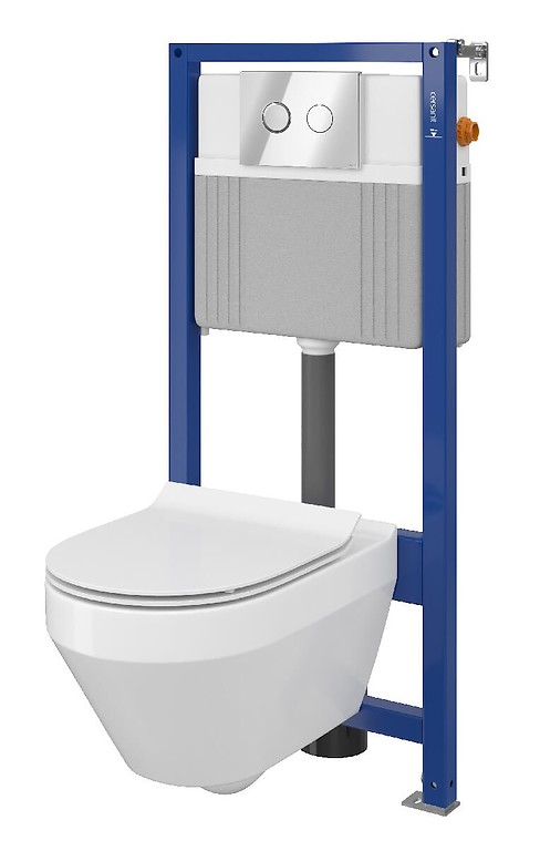 Set B23 Aqua 52 PNEU S QF, Wandcloset CREA Ovaal CleanOn, Slim Duroplast Toiletzitting, Bedieningsknop ACCENTO Circle Chroom Glans S701-315