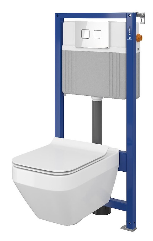 Set B24 Aqua 52 PNEU S QF, Wandcloset CREA Square CleanOn, Slim Duroplast Toiletzitting, Bedieningsknop ACCENTO Square Wit Glas S701-316