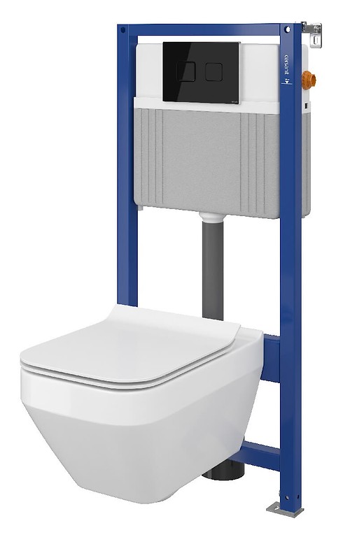 Set B25 Aqua 52 PNEU S QF, Wandcloset CREA Square CleanOn, Slim Duroplast Toiletzitting, Bedieningsknop ACCENTO Square Zwart Glas S701-317