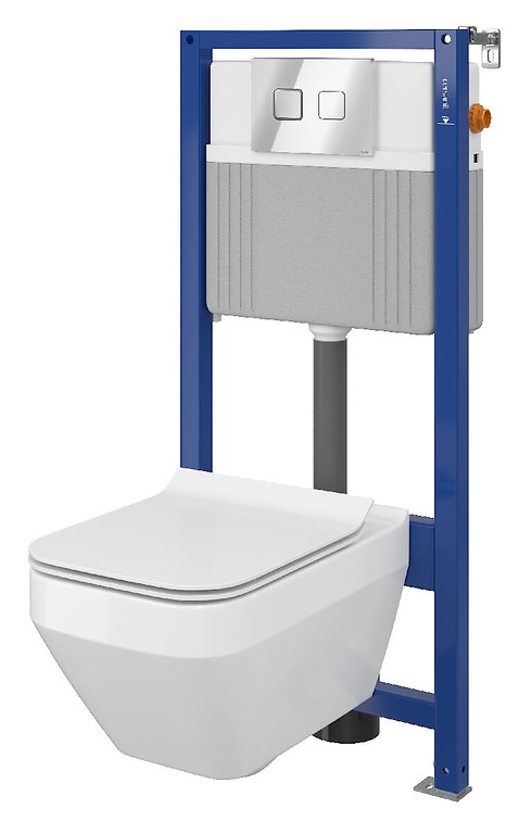 Set B26 Aqua 52 PNEU S QF, Wandcloset CREA Square CleanOn, Slim Duroplast Toiletzitting, Bedieningsknop ACCENTO Square Chroom Glans S701-318