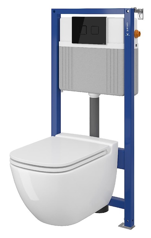 Set B28 Aqua 52 PNEU S QF, Wandcloset CASPIA CleanOn, Slim Duroplast Toiletzitting, Bedieningsknop ACCENTO Square Zwart Glas S701-320