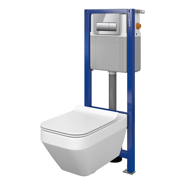 SET B288 AQUA 22 MECH, Wall Hung Bowl CREA SQUARE CleanOn, Slim Duroplast Toilet Seat, Button PRESTO Chrome Gloss S701-452