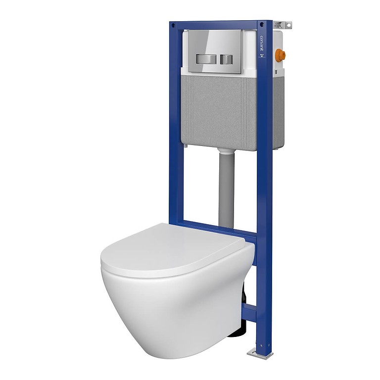 Set B334 Aqua 22 MECH, Wandhangend Toilet LARGA Ovaal CeanOn, Slim Wrap Duroplast Toiletbril, Bedieningsplaat MOVI Chroom Glans S701-475
