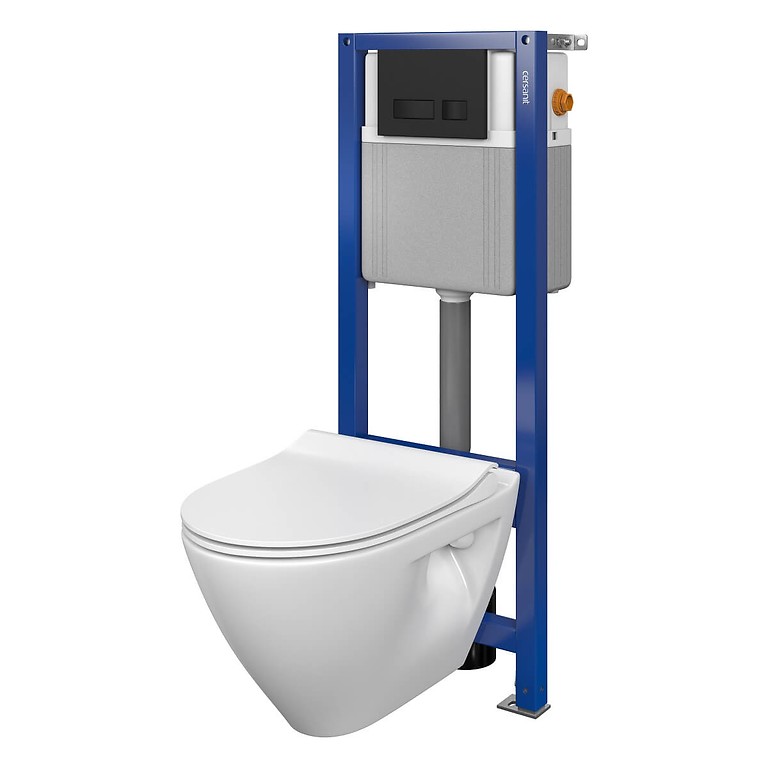 Set B353 Aqua 22 MECH, Wall Hung Bowl MILLE Plus CeanOn, Slim Duroplast Toilet Seat, Button MOVI Black Matt S701-486