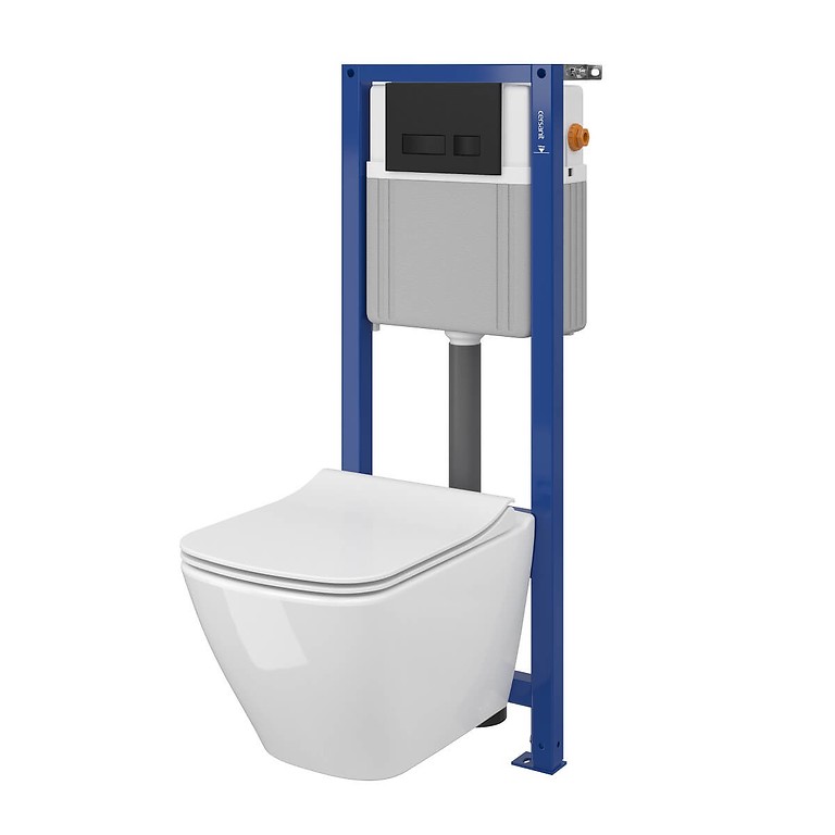 Set B356 Aqua 22 MECH, Wall Hung Bowl CITY New CleanOn, Slim Duroplast Toilet Seat, Button MOVI Black Matt S701-489