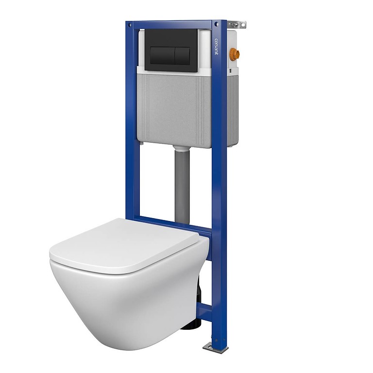 Set B358 Aqua 22 MECH, Wall Hung Bowl LARGA Square CleanOn, Slim Wrap Duroplast Toilet Seat, Button PRESTO Black Matt S701-491